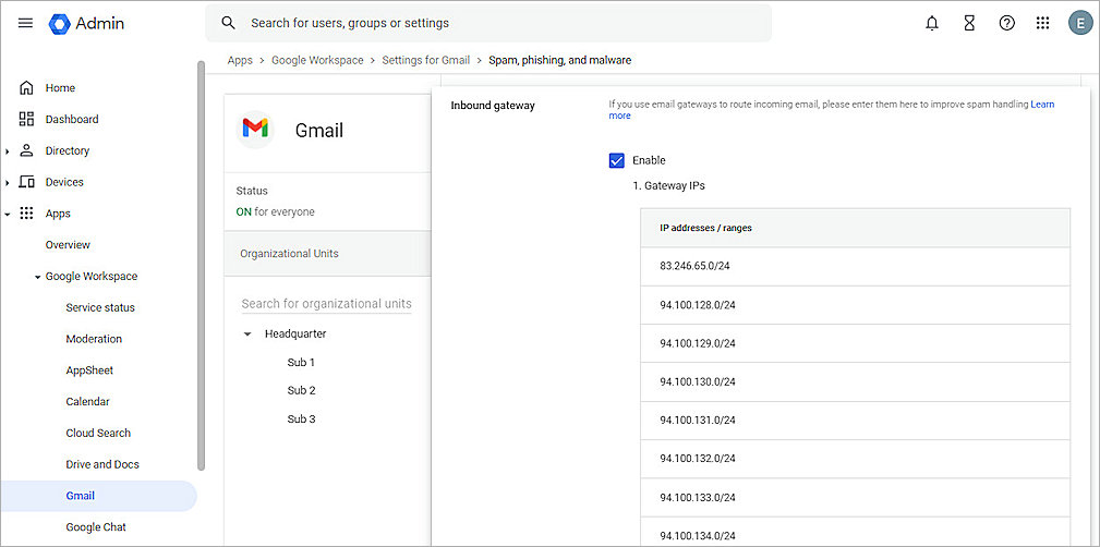 Screenshot of the Google Workspace Inbound Gateway 1